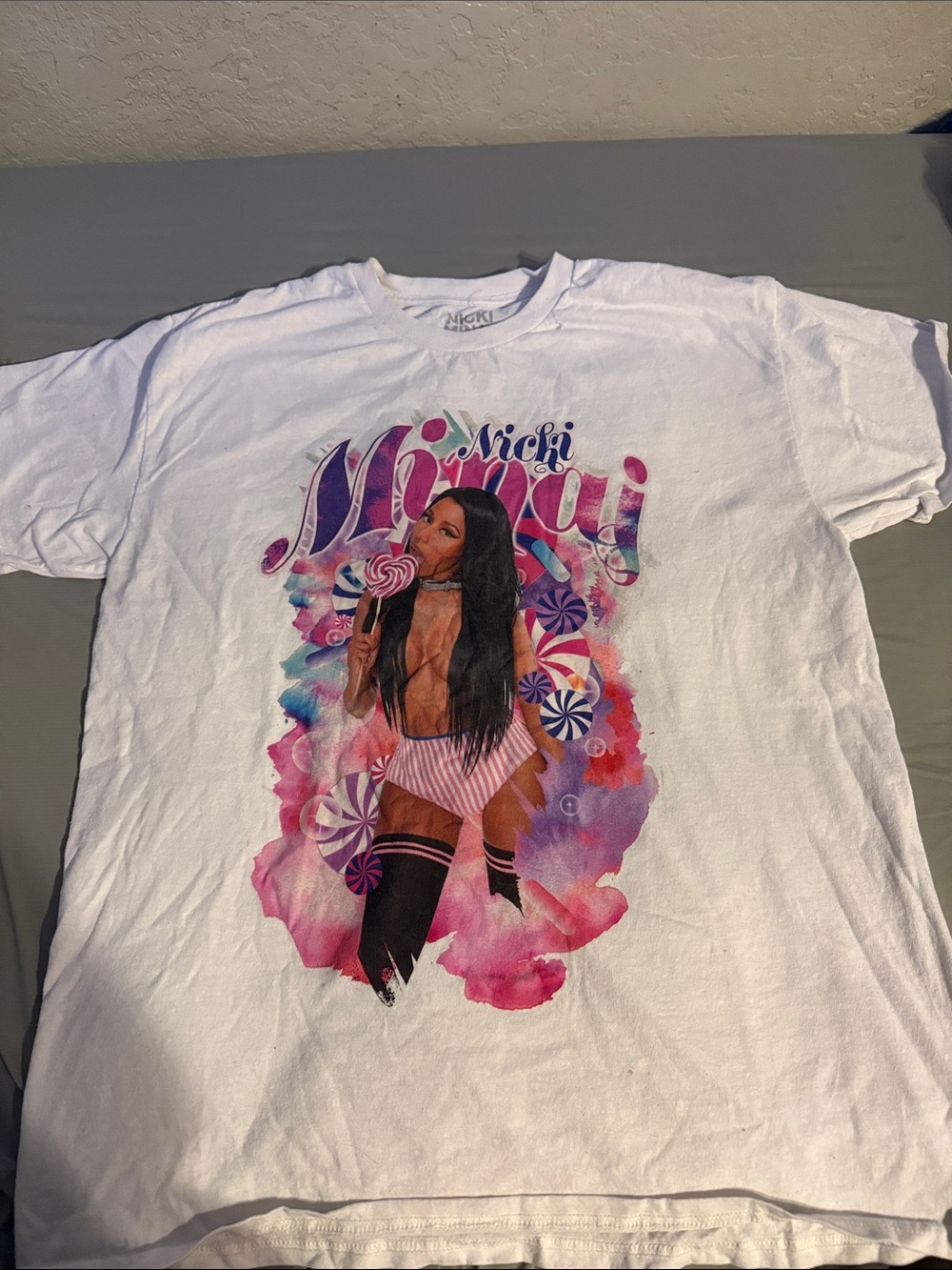 Nicki Minaj White Tee with Pink & Purple Candy Graphic